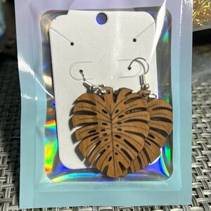 Handmade Hawaiian Monstera Leaf Laser Cut and engraved earrings with Cherry Wood